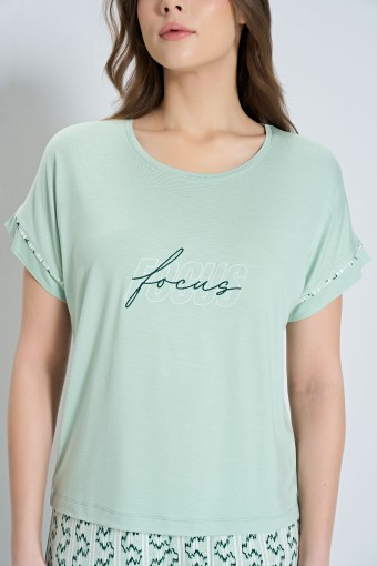 PINARCA EV GİYİM - Pınarca Kadın Pijama Takım Kısa Kollu Paça Manşetli - Yeşil (1)