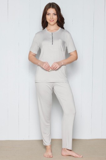 PINARCA EV GİYİM - Pınarca Kadın Pijama Takımı 3 Düğmeli Düz Model Viskon Kumaş - Açık Gri