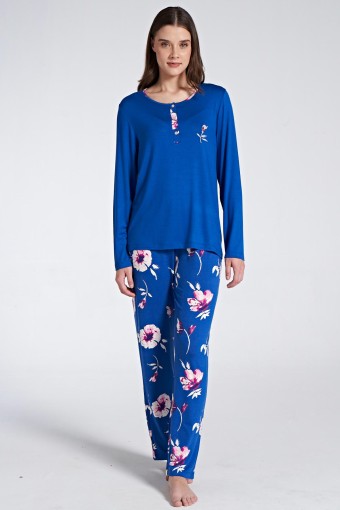 PINARCA EV GİYİM - Pınarca Kadın Pijama Takımı Uzun Kollu Bisiklet Yaka Düğmeli Çiçekli - Saks Mavisi