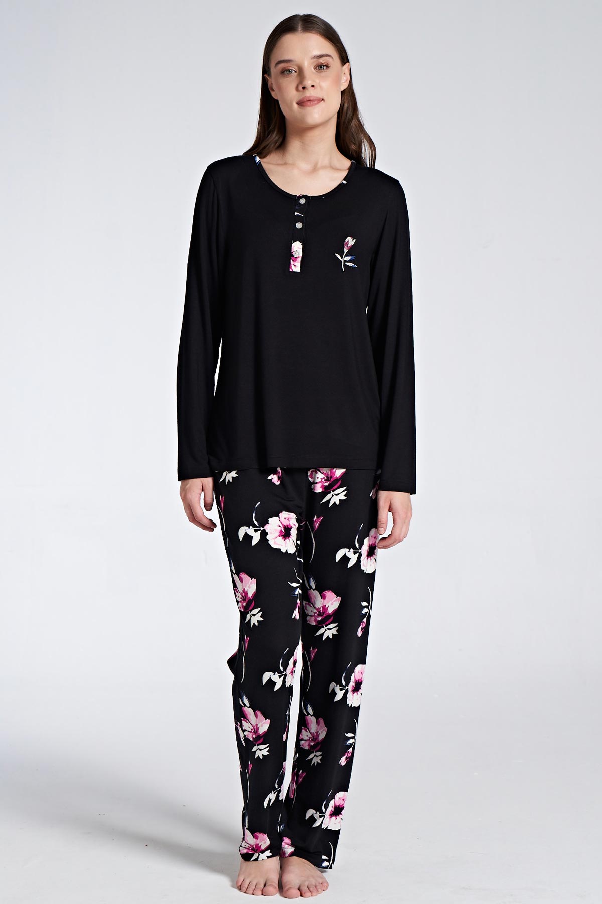 Pınarca Kadın Pijama Takımı Uzun Kollu Bisiklet Yaka Düğmeli Çiçekli - Saks Mavisi - Thumbnail