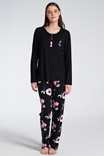 PINARCA EV GİYİM - Pınarca Kadın Pijama Takımı Uzun Kollu Bisiklet Yaka Düğmeli Çiçekli - Siyah