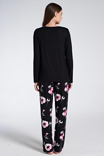 PINARCA EV GİYİM - Pınarca Kadın Pijama Takımı Uzun Kollu Bisiklet Yaka Düğmeli Çiçekli - Siyah (1)