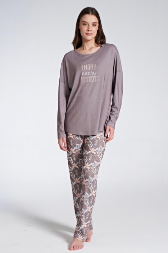 PINARCA EV GİYİM - Pınarca Kadın Pijama Takımı Uzun Kollu Bisiklet Yaka Çiçek Desenli - Kahve