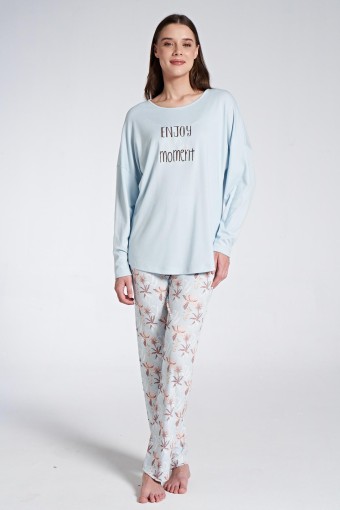 PINARCA EV GİYİM - Pınarca Kadın Pijama Takımı Uzun Kollu Bisiklet Yaka Çiçek Desenli - Mavi