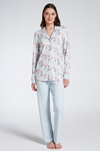 PINARCA EV GİYİM - Pınarca Kadın Pijama Takımı Uzun Kollu Gömlek Yaka Çiçek Desenli - Mavi