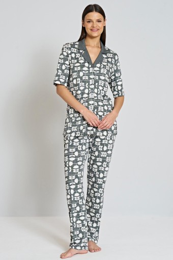 PINARCA EV GİYİM - Pınarca Kadın Pijama Takımı Gömlek Yaka Kısa Kollu Desenli Büyük Beden - Siyah