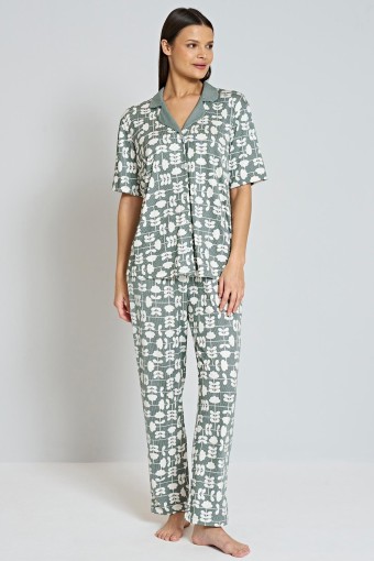 PINARCA EV GİYİM - Pınarca Kadın Pijama Takımı Gömlek Yaka Kısa Kollu Desenli Büyük Beden - Yeşil