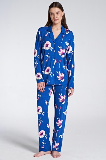 PINARCA EV GİYİM - Pınarca Kadın Pijama Takımı Uzun Kollu Gömlek Yaka Düğmeli Çiçekli - Saks Mavisi