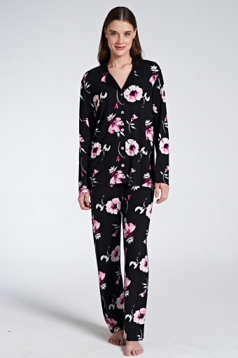 PINARCA EV GİYİM - Pınarca Kadın Pijama Takımı Uzun Kollu Gömlek Yaka Düğmeli Çiçekli - Siyah