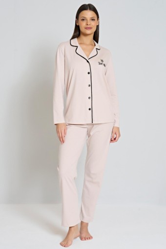 PINARCA EV GİYİM - Pınarca Kadın Pijama Takımı Gömlek Yaka Uzun Kollu Büyük Beden - Bej