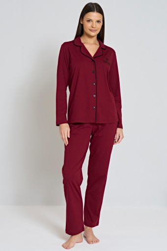 PINARCA EV GİYİM - Pınarca Kadın Pijama Takımı Gömlek Yaka Uzun Kollu Büyük Beden - Bordo