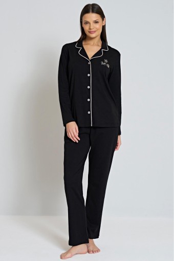 PINARCA EV GİYİM - Pınarca Kadın Pijama Takımı Gömlek Yaka Uzun Kollu Büyük Beden - Siyah