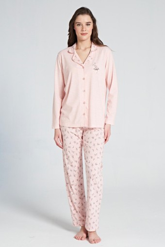 PINARCA EV GİYİM - Pınarca Kadın Pijama Takımı Uzun Kollu Gömlek Yaka Çiçekli - Pembe