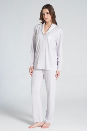 PINARCA EV GİYİM - Pınarca Kadın Pijama Takımı Uzun Kollu Gömlek Yaka Pamuklu - Lila