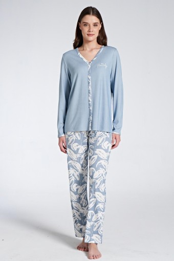 PINARCA EV GİYİM - Pınarca Kadın Pijama Takımı Uzun Kollu Gömlek Yaka Çiçek Desenli - Mavi