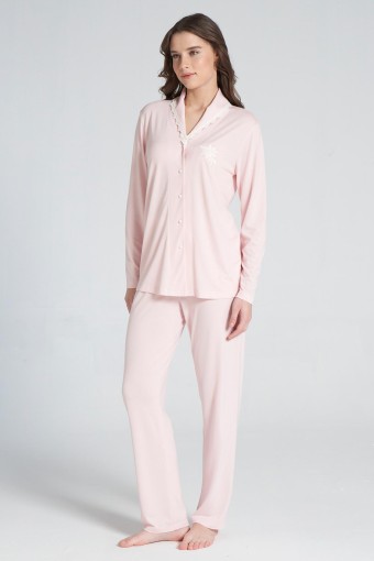 PINARCA EV GİYİM - Pınarca Kadın Pijama Takımı Uzun Kollu Gömlek Yaka Pamuklu - Pudra Pembe