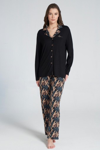 PINARCA EV GİYİM - Pınarca Kadın Pijama Takımı Uzun Kollu Gömlek Yaka Yaprak Desenli - Siyah