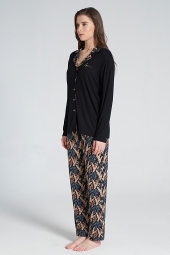 PINARCA EV GİYİM - Pınarca Kadın Pijama Takımı Uzun Kollu Gömlek Yaka Yaprak Desenli - Siyah (1)
