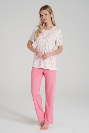 PINARCA EV GİYİM - Pınarca Kadın Pijama Takımi Kısa Kollu 3 Düğmeli Bisiklet Yaka - Pembe