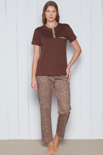 PINARCA EV GİYİM - Pınarca Kadın Pijama Takımı Kısa Kollu 3 Düğmeli Büyük Beden Pamuklu - Kahverengi