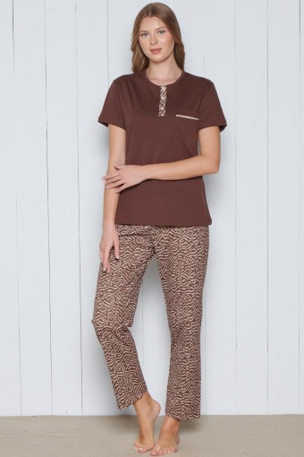 PINARCA EV GİYİM - Pınarca Kadın Pijama Takımı Kısa Kollu 3 Düğmeli Büyük Beden Pamuklu - Kahverengi (1)