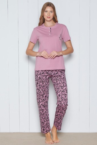 PINARCA EV GİYİM - Pınarca Kadın Pijama Takımı Kısa Kollu 3 Düğmeli Büyük Beden Pamuklu - Pembe