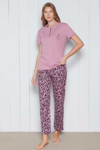 PINARCA EV GİYİM - Pınarca Kadın Pijama Takımı Kısa Kollu 3 Düğmeli Büyük Beden Pamuklu - Pembe (1)