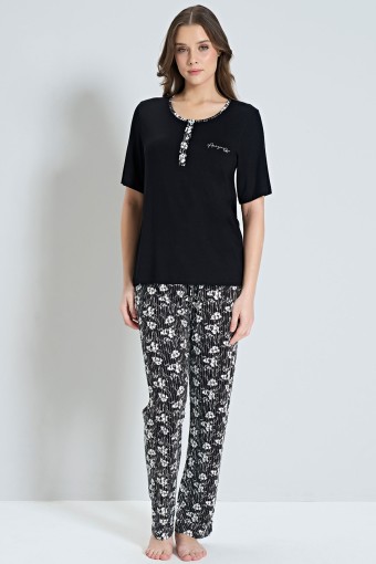 PINARCA EV GİYİM - Pınarca Kadın Pijama Takımı Kısa Kollu 3 Düğmeli Çiçek Desenli Büyük Beden - Siyah (1)
