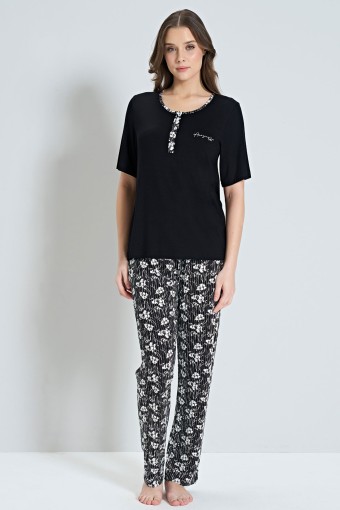PINARCA EV GİYİM - Pınarca Kadın Pijama Takımı Kısa Kollu 3 Düğmeli Çiçek Desenli - Siyah