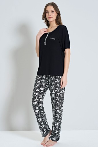 PINARCA EV GİYİM - Pınarca Kadın Pijama Takımı Kısa Kollu 3 Düğmeli Çiçek Desenli - Siyah (1)