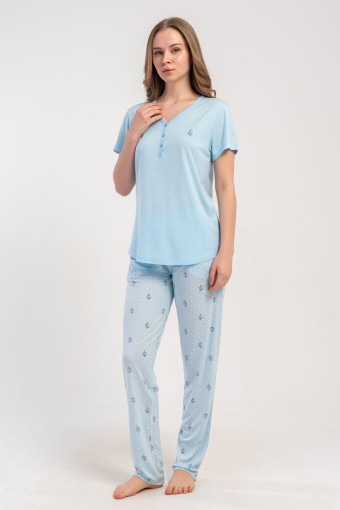 PINARCA EV GİYİM - Pınarca Kadın Pijama Takımı Kısa Kollu 3 Düğmeli Desenli Viskon - Mavi