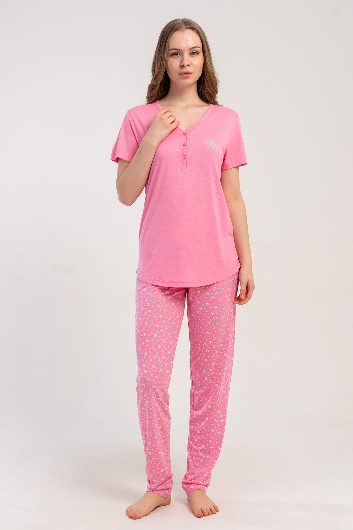 Pınarca Kadın Pijama Takımı Kısa Kollu 3 Düğmeli Desenli Viskon - Pembe - Thumbnail
