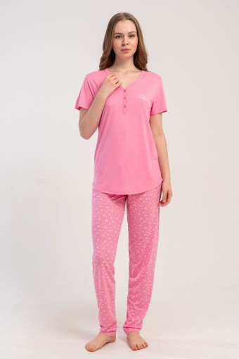 PINARCA EV GİYİM - Pınarca Kadın Pijama Takımı Kısa Kollu 3 Düğmeli Desenli Viskon - Pembe