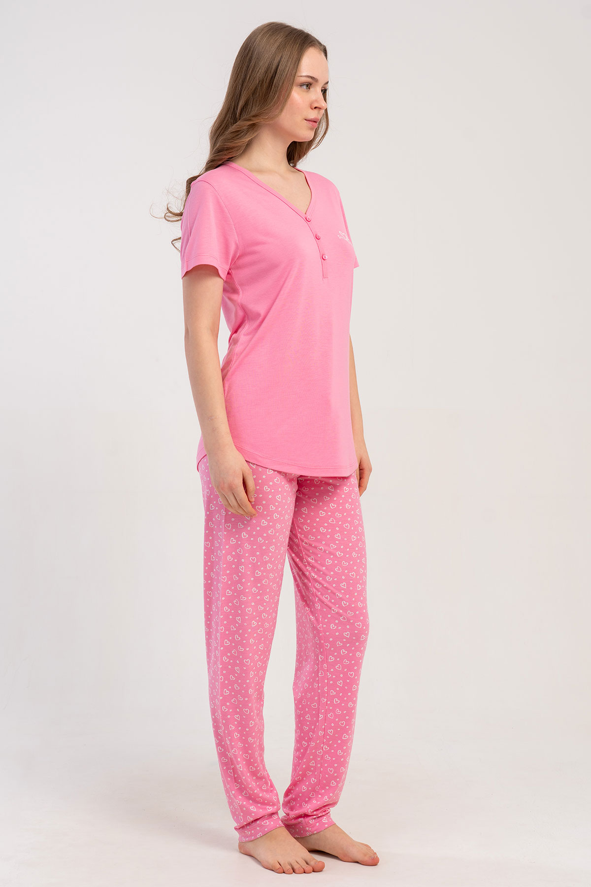 Pınarca Kadın Pijama Takımı Kısa Kollu 3 Düğmeli Desenli Viskon - Pembe - Thumbnail