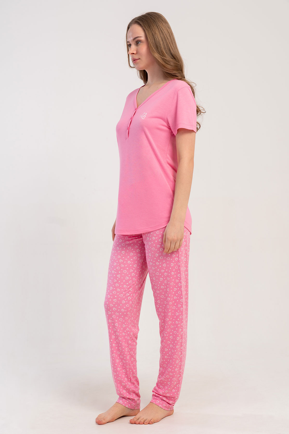 Pınarca Kadın Pijama Takımı Kısa Kollu 3 Düğmeli Desenli Viskon - Pembe - Thumbnail