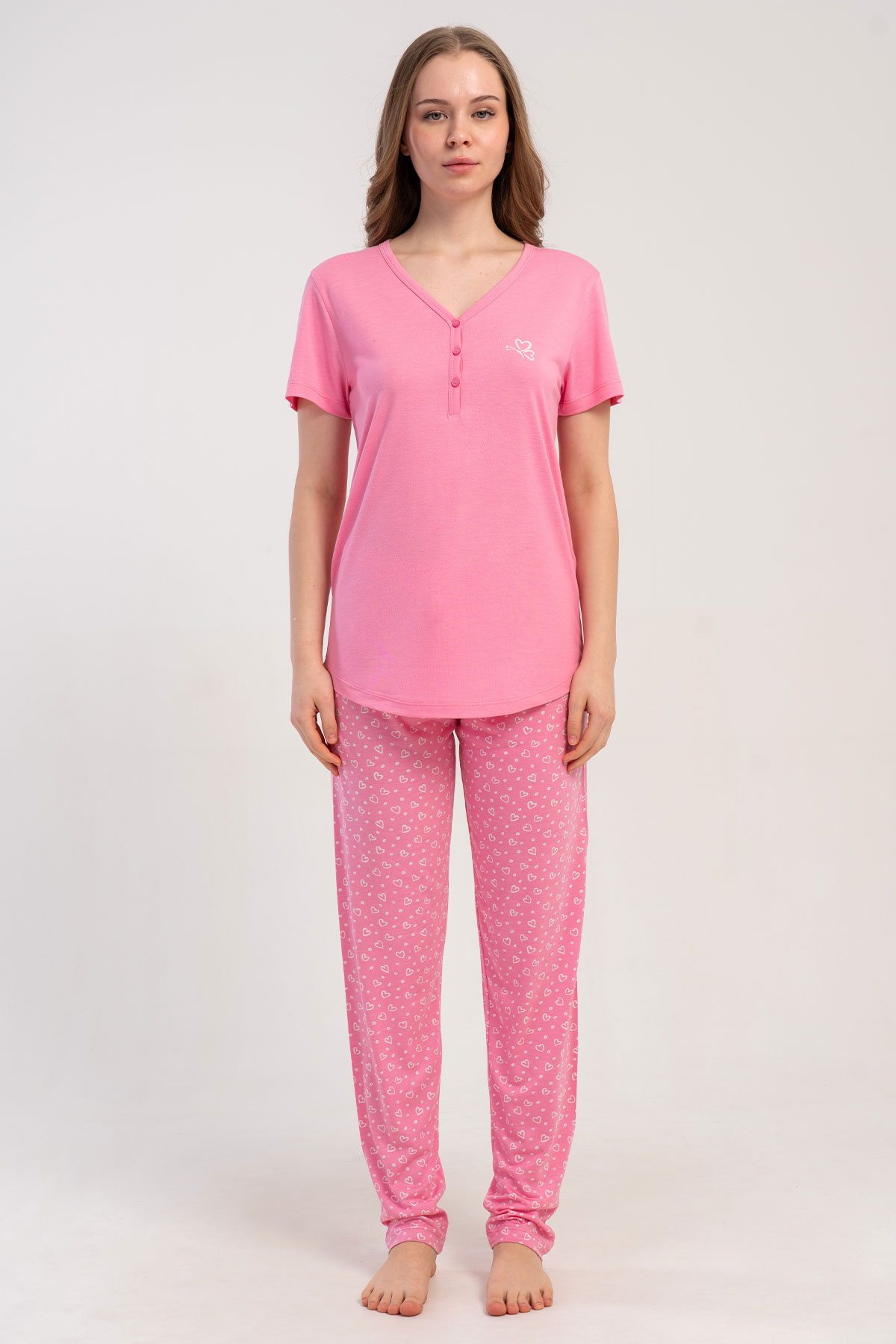Pınarca Kadın Pijama Takımı Kısa Kollu 3 Düğmeli Desenli Viskon - Pembe - Thumbnail
