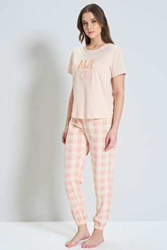 PINARCA EV GİYİM - Pınarca Kadın Pijama Takımı Kısa Kollu Awesome Yazılı - Somon