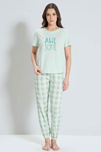 PINARCA EV GİYİM - Pınarca Kadın Pijama Takımı Kısa Kollu Awesome Yazılı - Yeşil