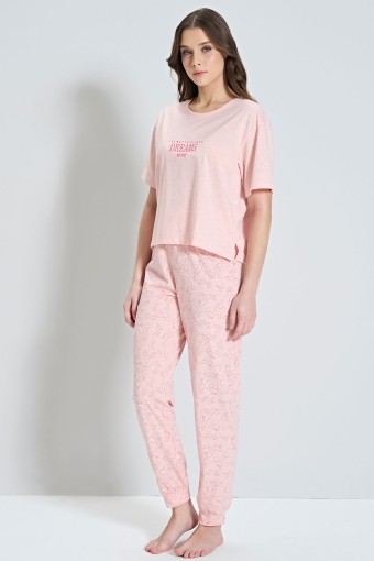 PINARCA EV GİYİM - Pınarca Kadın Pijama Takımı Kısa Kollu Çiçek Desenli - Pembe