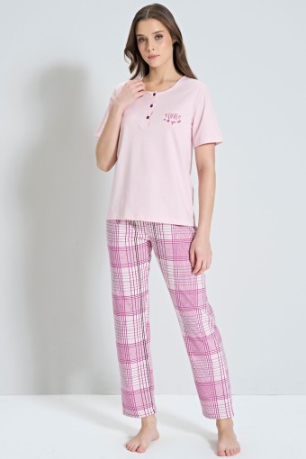 PINARCA EV GİYİM - Pınarca Kadın Pijama Takımı Kısa Kollu Ekose Alt Desenli Bisiklet Yaka - Pembe