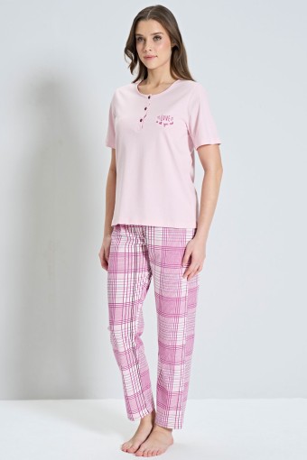 PINARCA EV GİYİM - Pınarca Kadın Pijama Takımı Kısa Kollu Ekose Alt Desenli Bisiklet Yaka - Pembe (1)