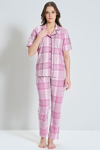 PINARCA EV GİYİM - Pınarca Kadın Pijama Takımı Kısa Kollu Ekose Desenli Gömlek Yaka - Pembe