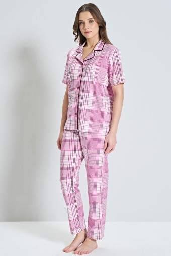 PINARCA EV GİYİM - Pınarca Kadın Pijama Takımı Kısa Kollu Ekose Desenli Gömlek Yaka - Pembe (1)