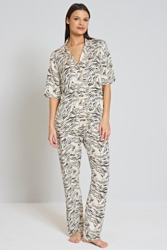 PINARCA EV GİYİM - Pınarca Kadın Pijama Takımı Kısa Kollu Gömlek Yaka Desenli - Bej