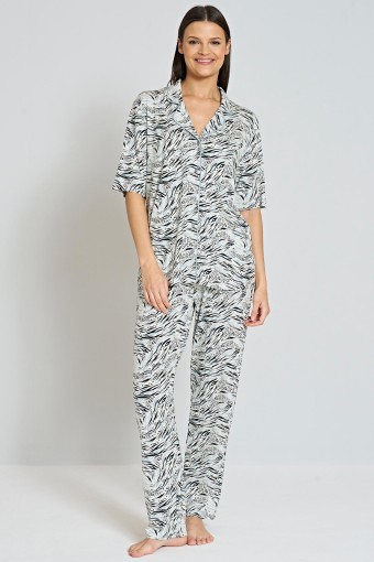 PINARCA EV GİYİM - Pınarca Kadın Pijama Takımı Kısa Kollu Gömlek Yaka Desenli - Mavi