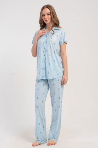 PINARCA EV GİYİM - Pınarca Kadın Pijama Takımı Kısa Kollu Gömlek Yaka Desenli Viskon - Mavi