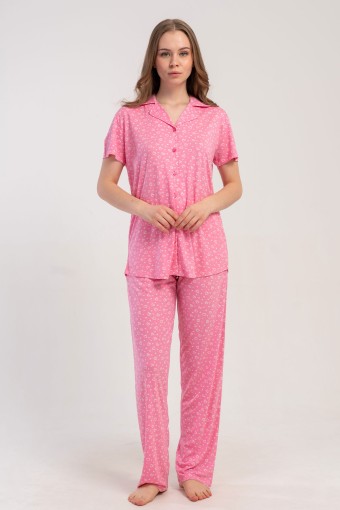 PINARCA EV GİYİM - Pınarca Kadın Pijama Takımı Kısa Kollu Gömlek Yaka Desenli Viskon - Pembe