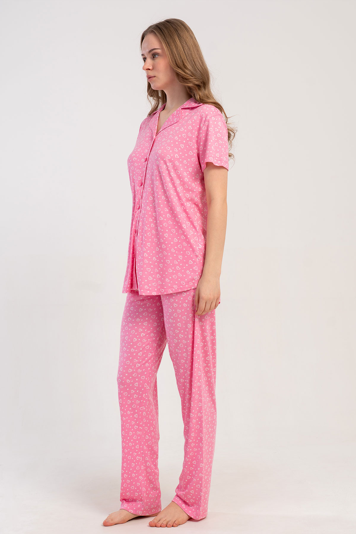 Pınarca Kadın Pijama Takımı Kısa Kollu Gömlek Yaka Desenli Viskon - Pembe - Thumbnail