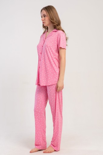 PINARCA EV GİYİM - Pınarca Kadın Pijama Takımı Kısa Kollu Gömlek Yaka Desenli Viskon - Pembe (1)