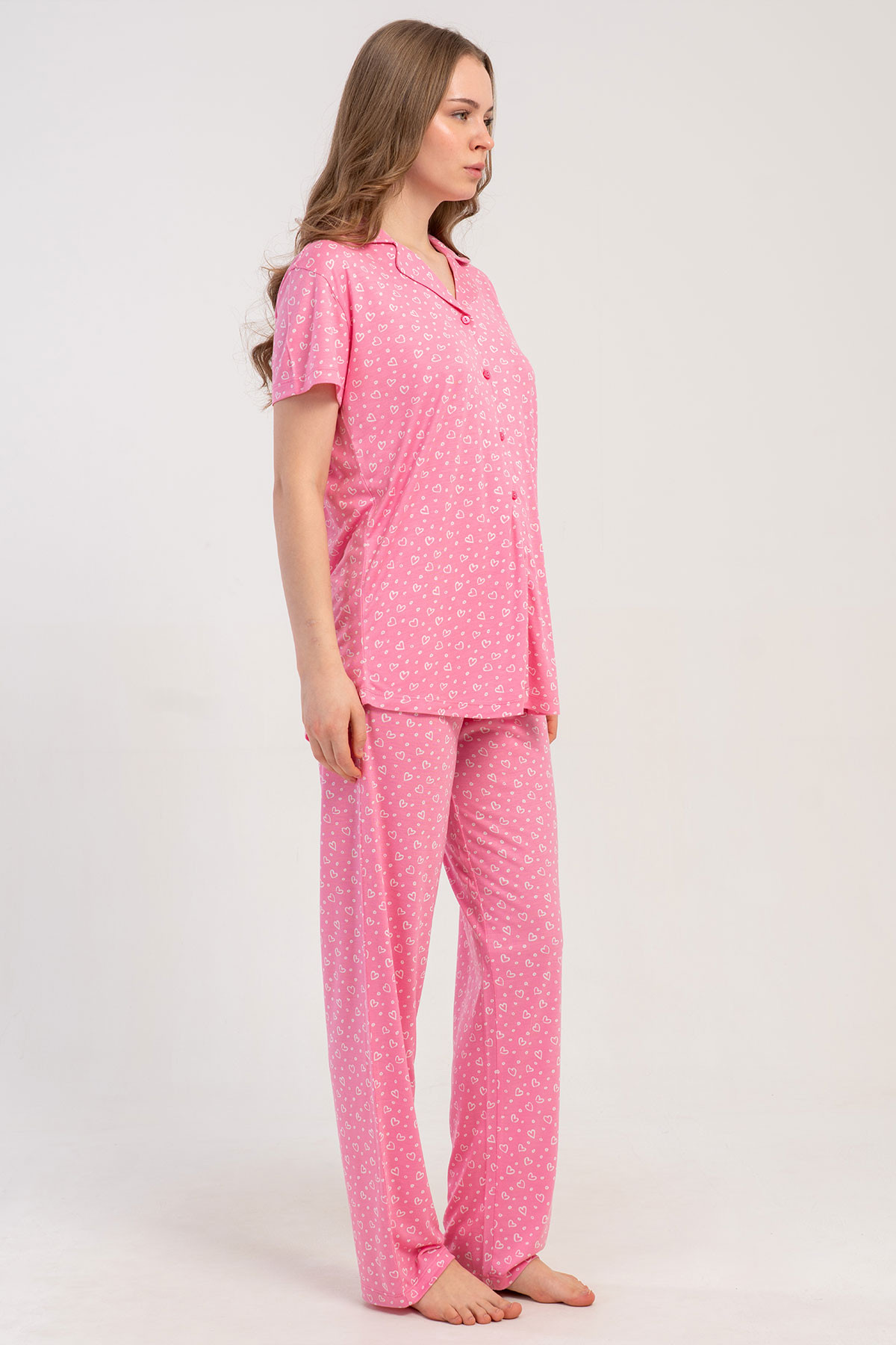 Pınarca Kadın Pijama Takımı Kısa Kollu Gömlek Yaka Desenli Viskon - Pembe - Thumbnail